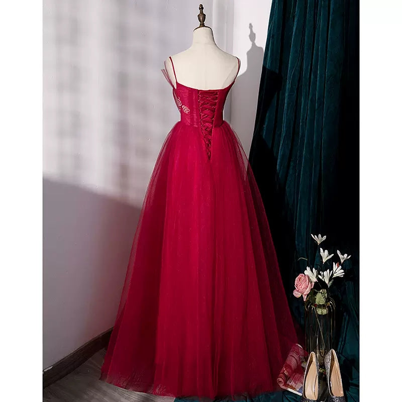 Simple A line Tulle Red Long Prom Dresses SH223