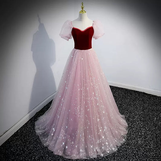Princess Pink Short Sleeves Tulle Prom Dresses Sexy Evening Dress SH095