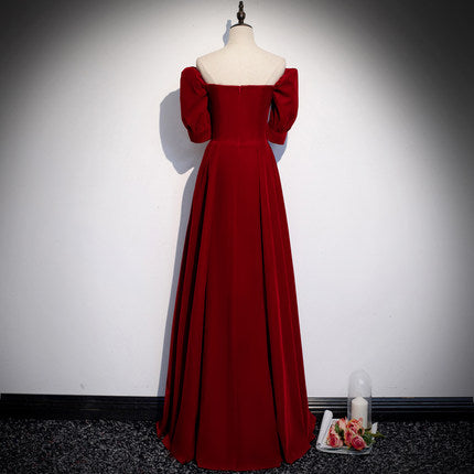 Simple A line Red Velvet Long Prom Dresses SH210