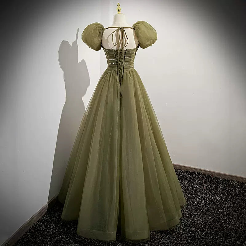 Simple A line Tulle Green  Long Prom Dresses SH218