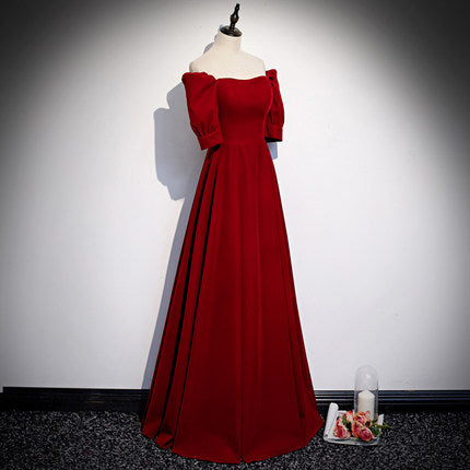 Simple A line Red Velvet Long Prom Dresses SH210