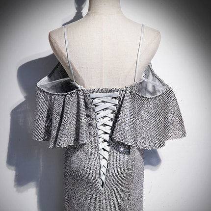 Mermaid Short Sleeves Silver Sequin Prom Dresses SH059