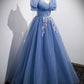Ball Gown Short Sleeves Long Tulle Blue Prom Dresses SH035