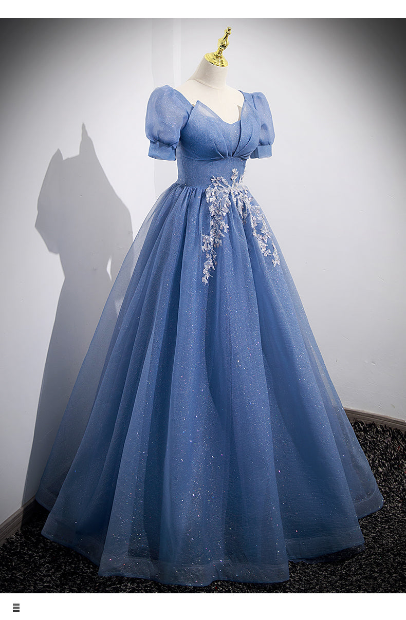 Ball Gown Short Sleeves Long Tulle Blue Prom Dresses SH035