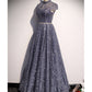 Princess High Neckline Short Sleeves Long Prom Dresses SH044