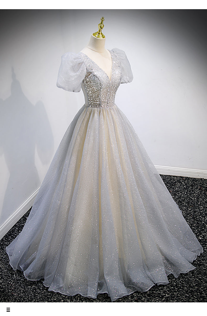 Princess Tulle Short Sleeves Long Prom Dresses SH043