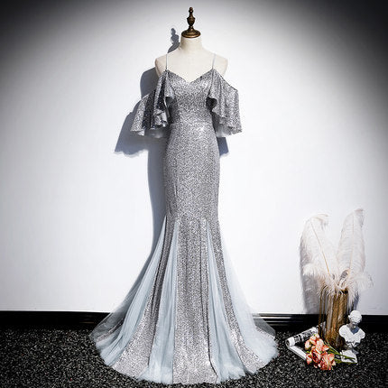 Mermaid Short Sleeves Silver Sequin Prom Dresses SH059