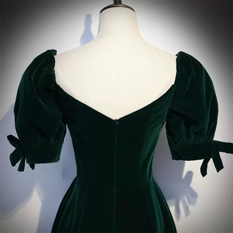 A line Dark Green Velvet Prom Dresses SH058