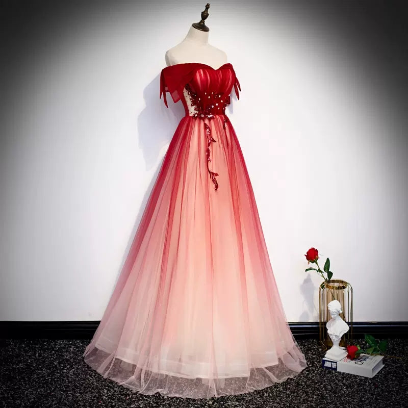 A line Off The Shoulder Tulle Red Prom Dresses Sexy Evening Dress SH112