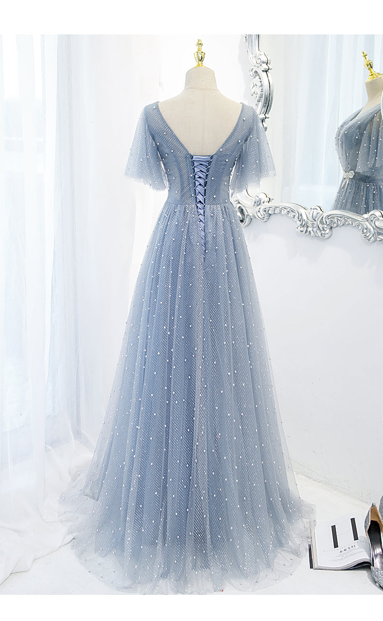A line Light Sky Blue Tulle Prom Dresses SH171