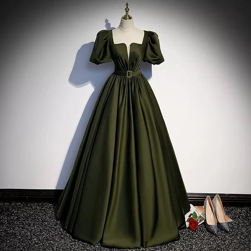 Ball Gown Puffy Sleeves Dark Green Long Prom Dresses SH055 – shinydress