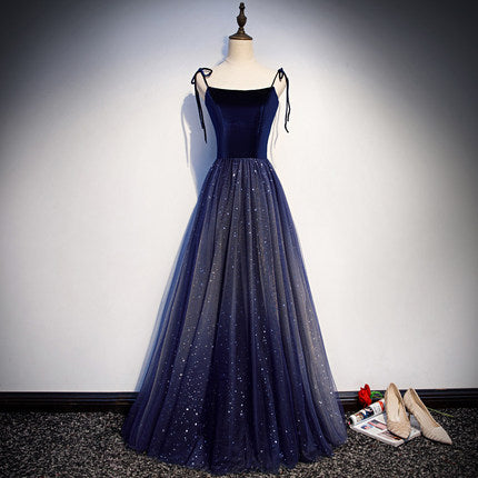 Simple A line Prom Dresses Navy Blue Tulle Evening Dress SH075
