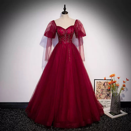 Simple A line Long Tulle Red Prom Dresses SH235