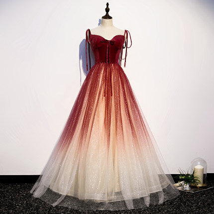 A line Red Sequin Tulle Prom Dresses Sexy Evening Dress SH082