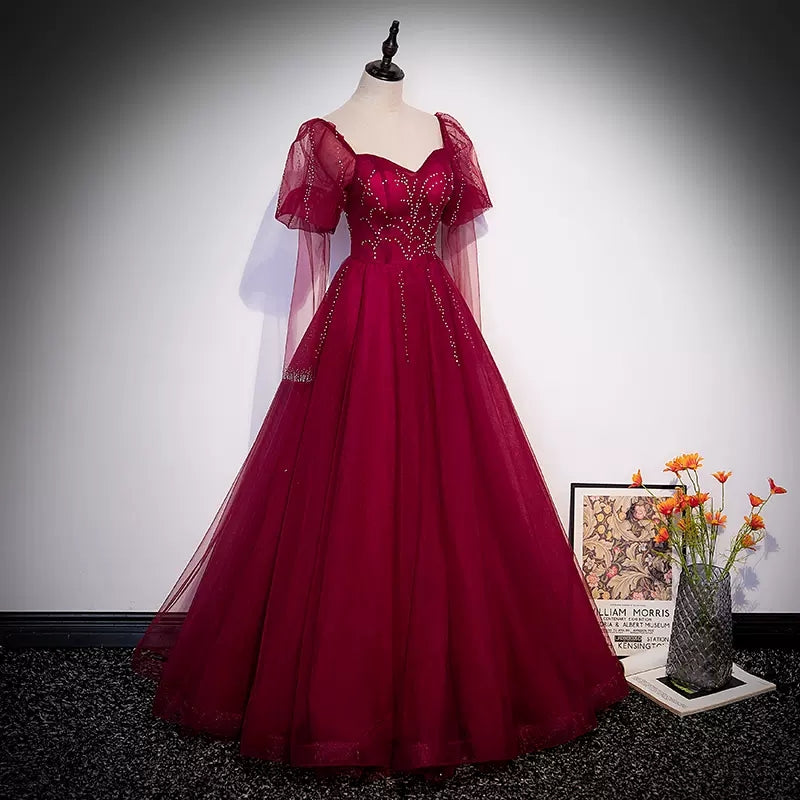 Simple A line Long Tulle Red Prom Dresses SH235