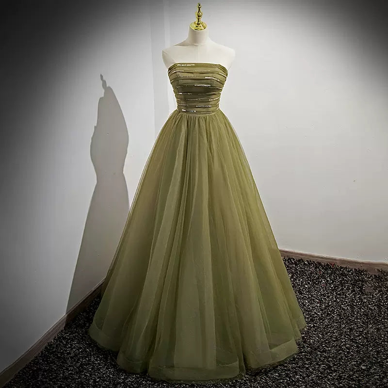 Simple A line Tulle Green  Long Prom Dresses SH218