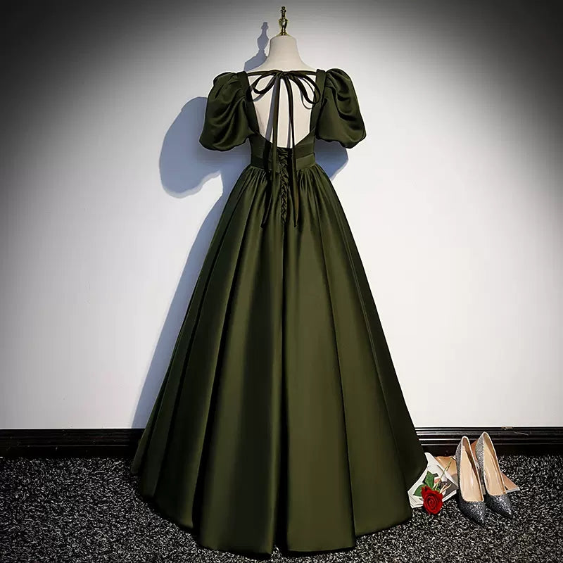 Ball Gown Puffy Sleeves Dark Green Long Prom Dresses SH055