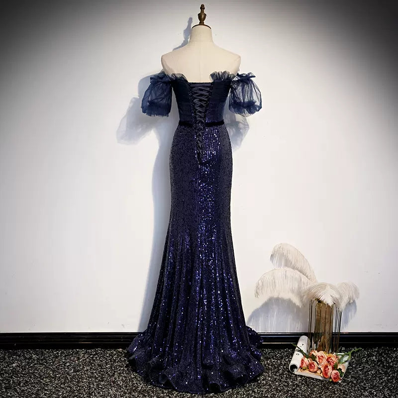 Mermaid Navy Blue Sequin Prom Dresses Sexy Evening Dress SH084