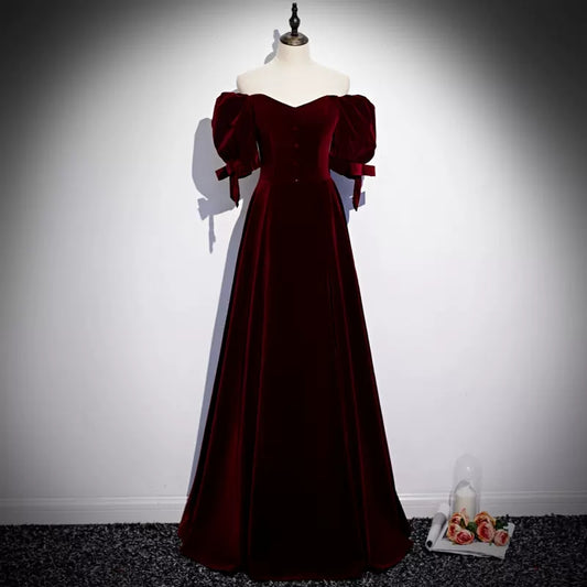 Princess Velvet Short Sleeves Long Red Prom Dresses SH041