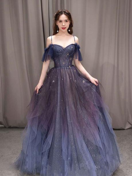 Purple tulle off shoulder A-line long prom dress, purple evening dress KS7899