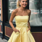 Yellow satin short prom dress party dress Homecoming Dress with Pockets P01015