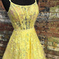 Yellow tulle lace long prom dress evening dress P01026