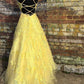 Yellow tulle lace long prom dress evening dress P01026