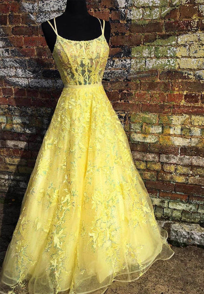 Yellow tulle lace long prom dress evening dress P01026