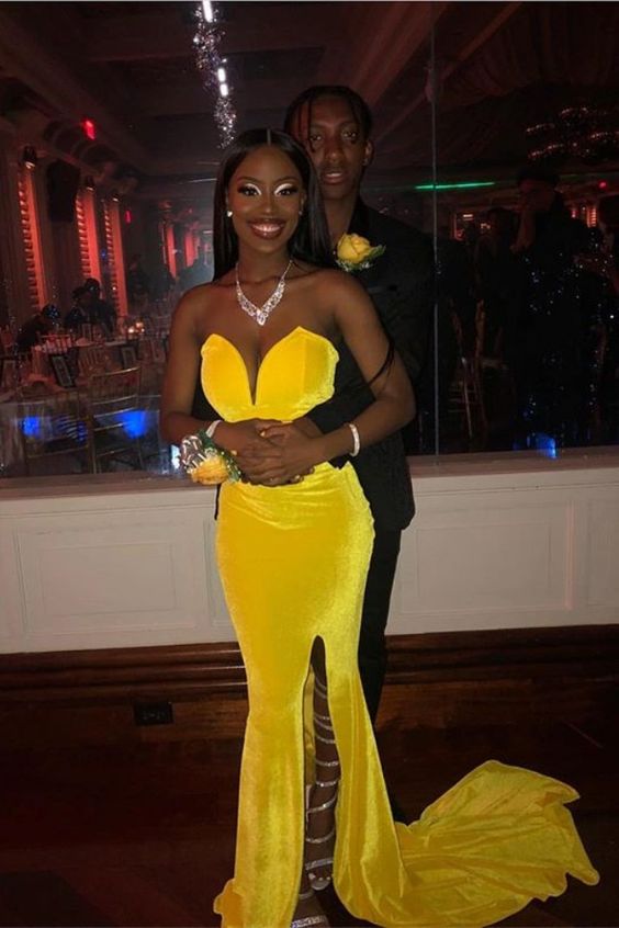 Yellow Prom Gown, Velvet Prom Gown, Side Slit Prom Gown, Long Prom Gow ...