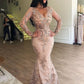 Sexy Mermaid V-neck Long Sleeves Appliqued Prom Dresses with Detachable Skirt P01074