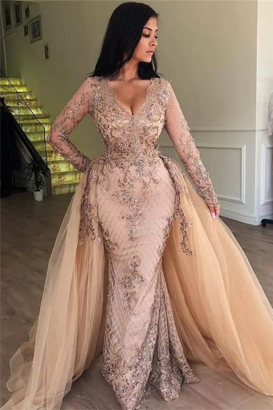 Sexy Mermaid V-neck Long Sleeves Appliqued Prom Dresses with Detachable Skirt P01074