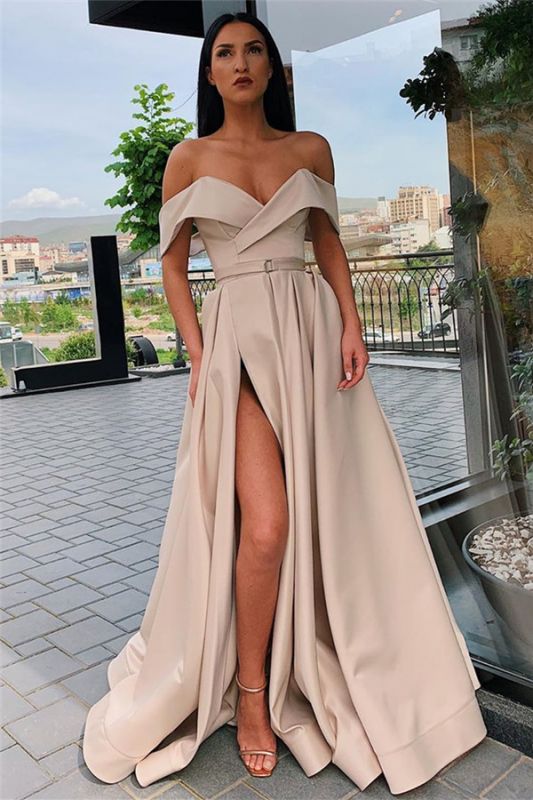 Off The Shoulder Formal Dresses Cheap | Sexy Long Evening Gowns with Side Slit P01076