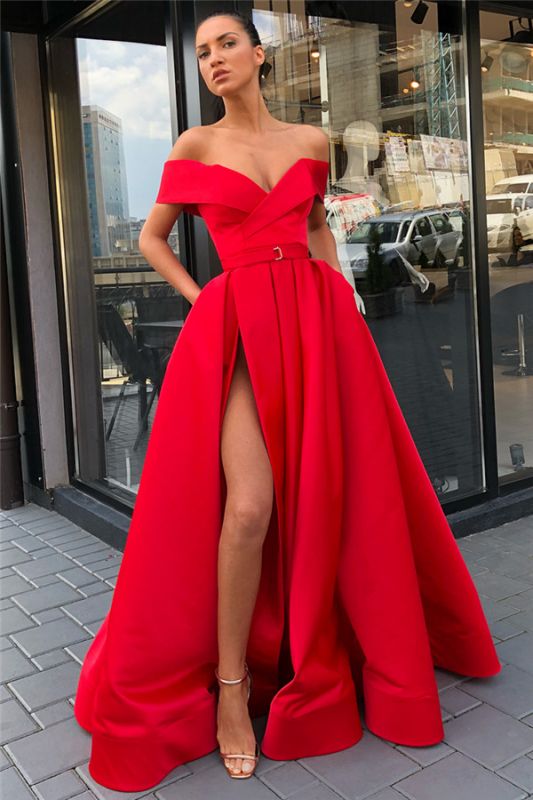 Off The Shoulder Formal Dresses Cheap | Sexy Long Evening Gowns with Side Slit P01076