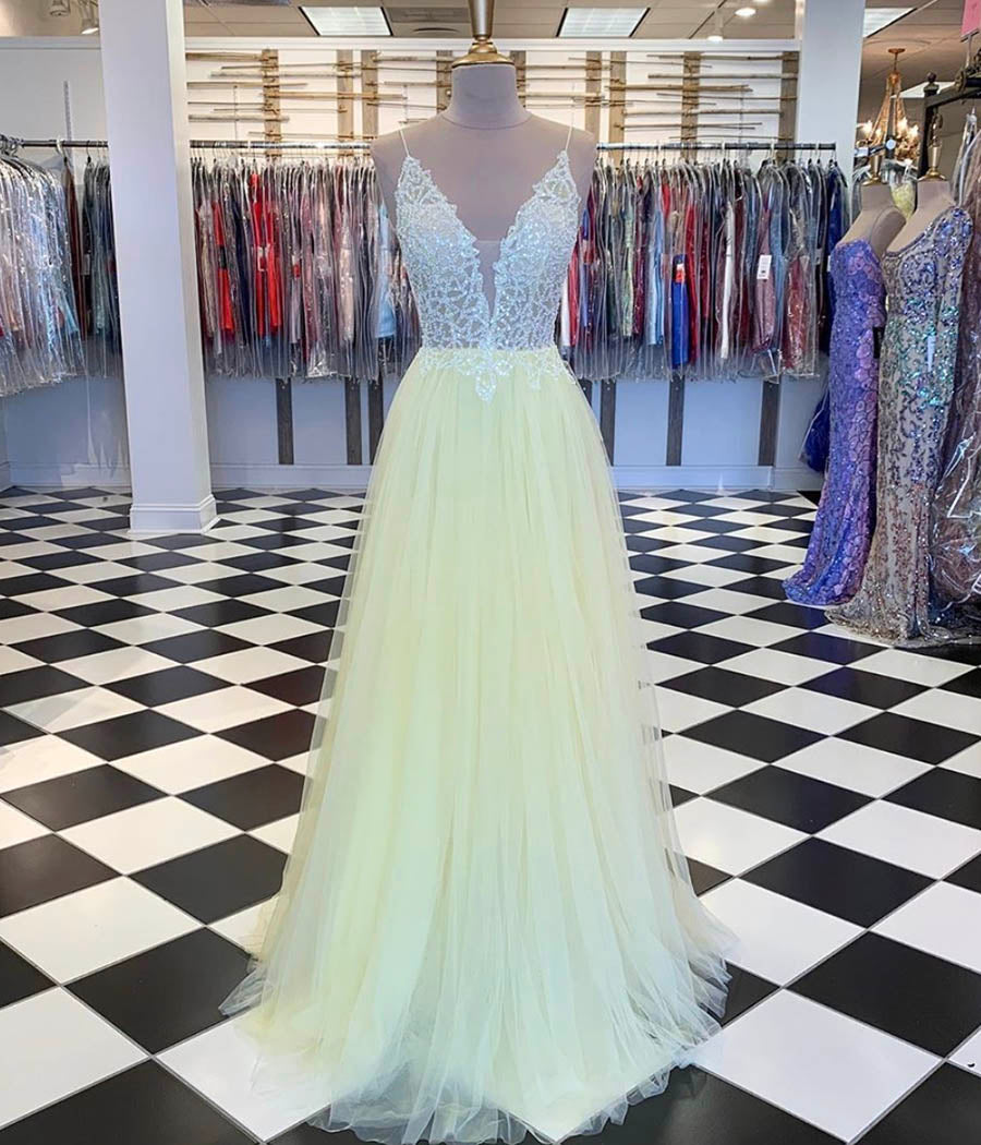 Yellow tulle sequins long prom dress evening dress P01113