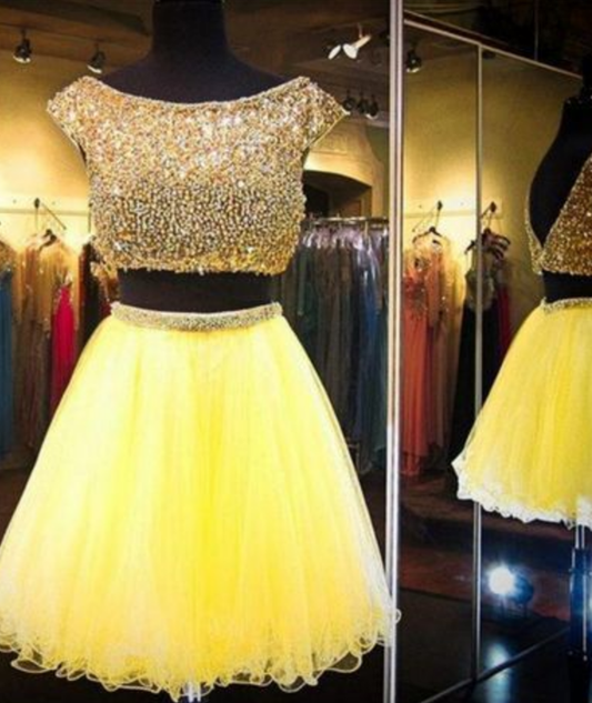 Yellow Two Piece Cap Sleeve Homecoming Dresses Beaded P01849