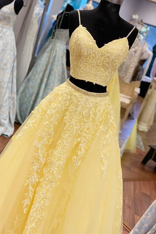 yellow prom dress in two piece, long prom dress Prom Dresses P01893
