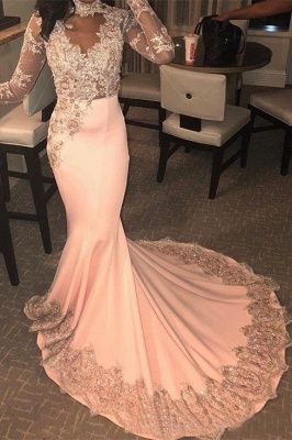 Trendy Long Sleeves Appliques Pink Mermaid Prom Dresses with Train P01897