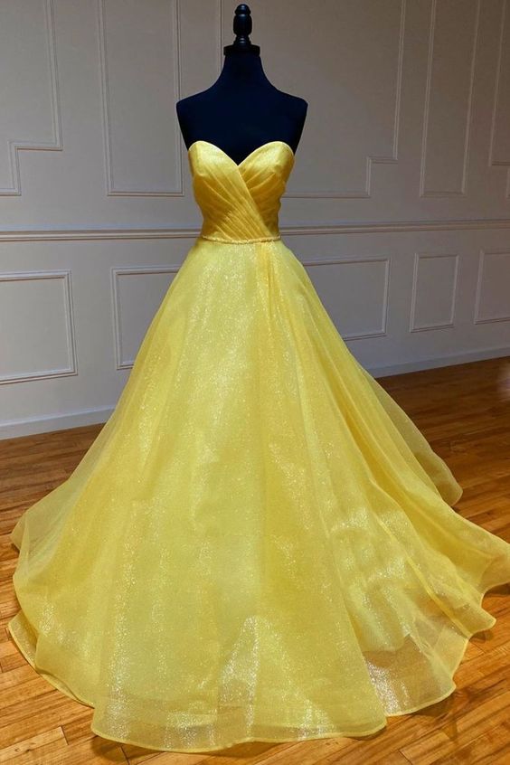 Yellow tulle sweetheart long prom dress yellow formal dress P0198