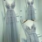 Elegant Gray A-line Tulle Long Prom Dress V Neck Prom Dresses Lace Evening Dress P0335