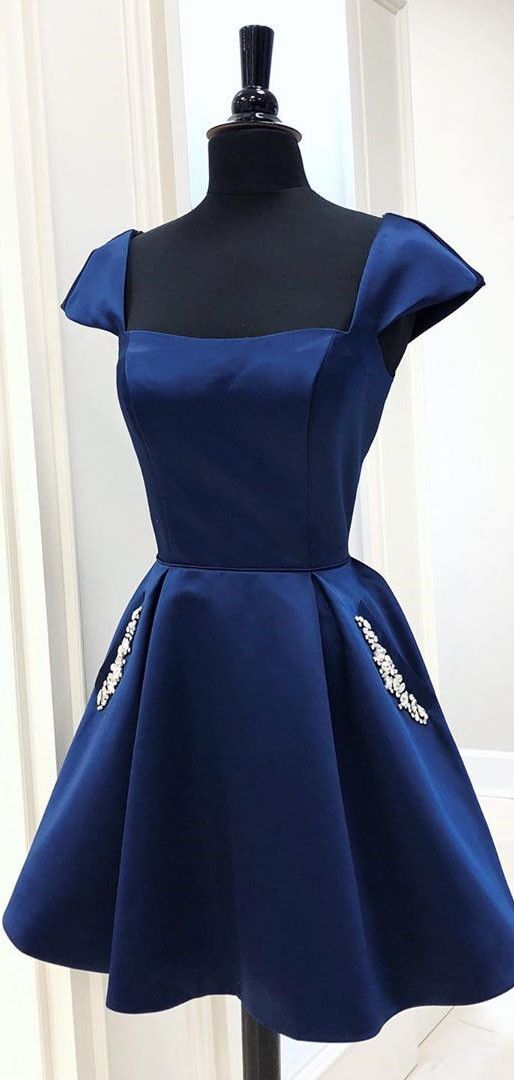 Cap Sleeves Short Navy Blue Homecoming Dress with Lace Up Back P0795