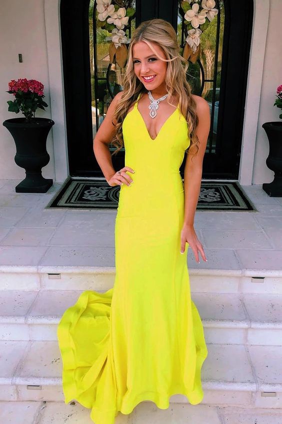 yellow satin prom dresses, open back yellow satin prom dresses, mermaid yellow satin prom dress P0877