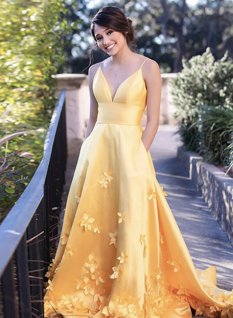 Yellow satin long prom dress formal dress P097