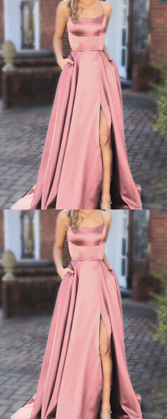 Unique Prom Dresses, dusty pink bridesmaid dresses,long satin bridesmaid dress P3242