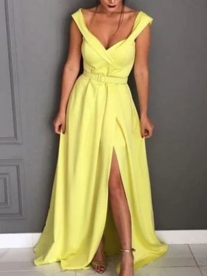 Yellow Prom Dress With Slit , Off The Shoulder Formal Dress P3346