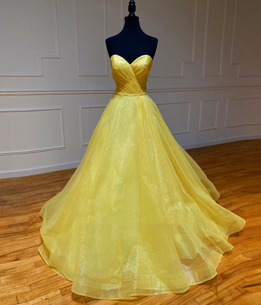 Yellow tulle sequins long prom dress formal dress P3404
