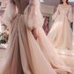 champagne prom dresses long sleeve a line tulle off the shoulder crystal evening dresses P3545