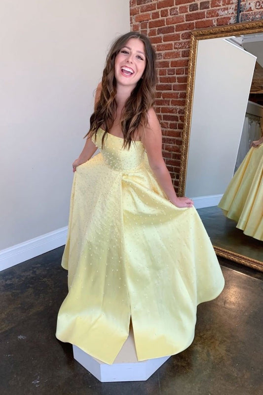 Yellow sweetheart A-line satin long prom dress yellow formal dress P3959
