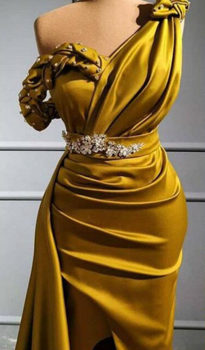 Yellow One Shoulder Mermaid Prom Dresses Sexy Crtstal Beaded Arabic Evening Gown Plus Size High Side Split Formal Party Dress P4308
