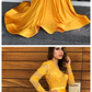 Yellow Lace Mermaid Prom Party Dresses Vintage Sheer Lace V-neck Evening Gowns Formal Red Carpet Dress with Long Sleeves P4311