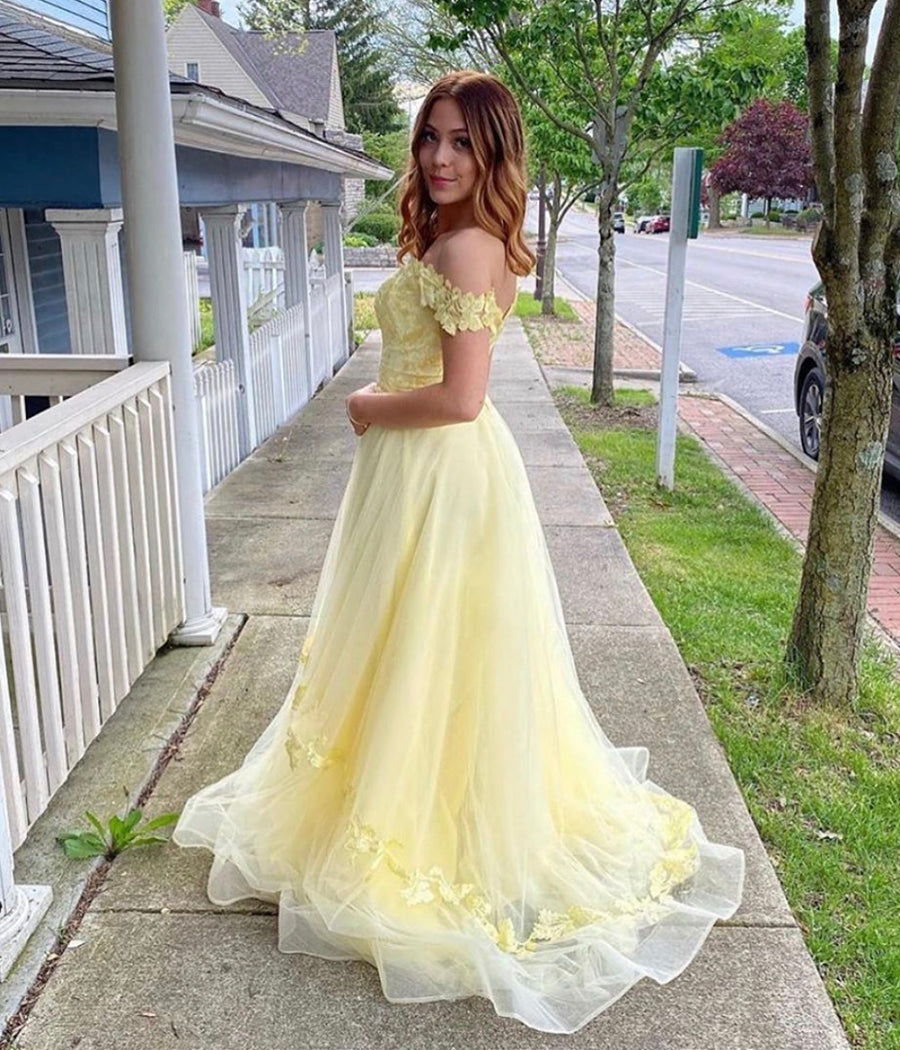 Yellow tulle lace long ball gown dress P4450
